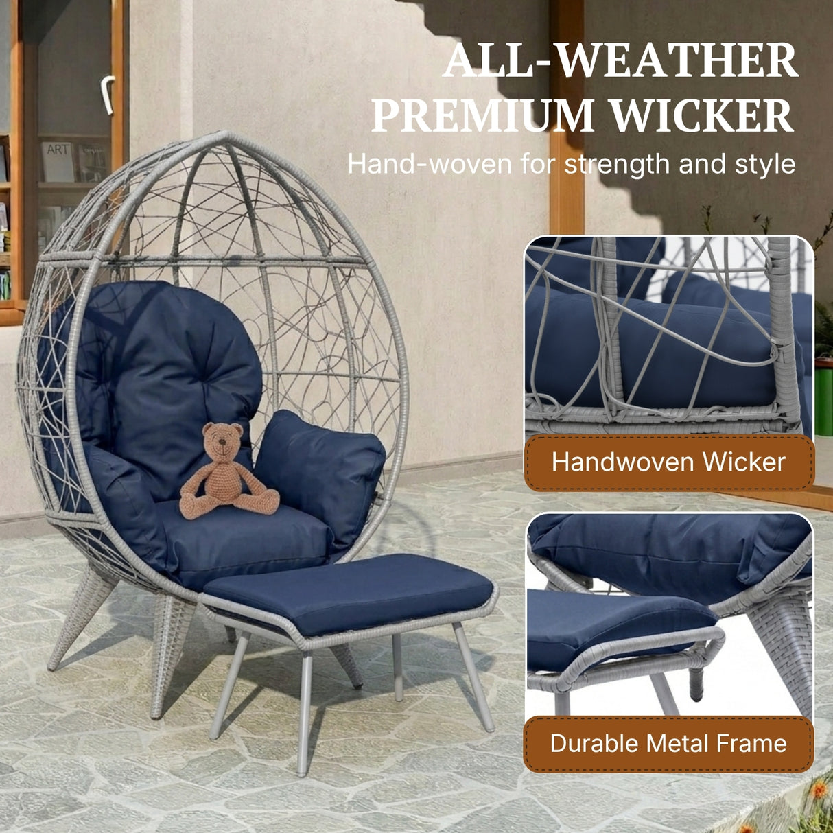 Outdoor Wicker Egg Chair with Ottoman (Silver Grey & Navy-Blue)