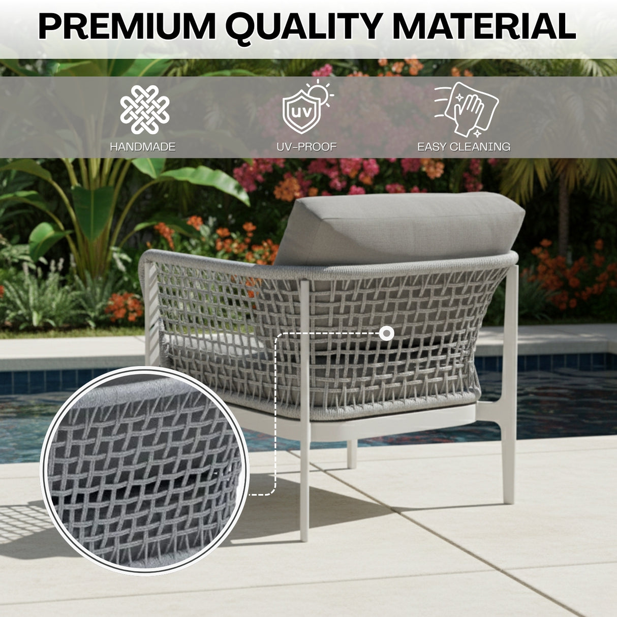 Outdoor Rope 5-Seater Sofa Set With Glass Top Table (Grey)