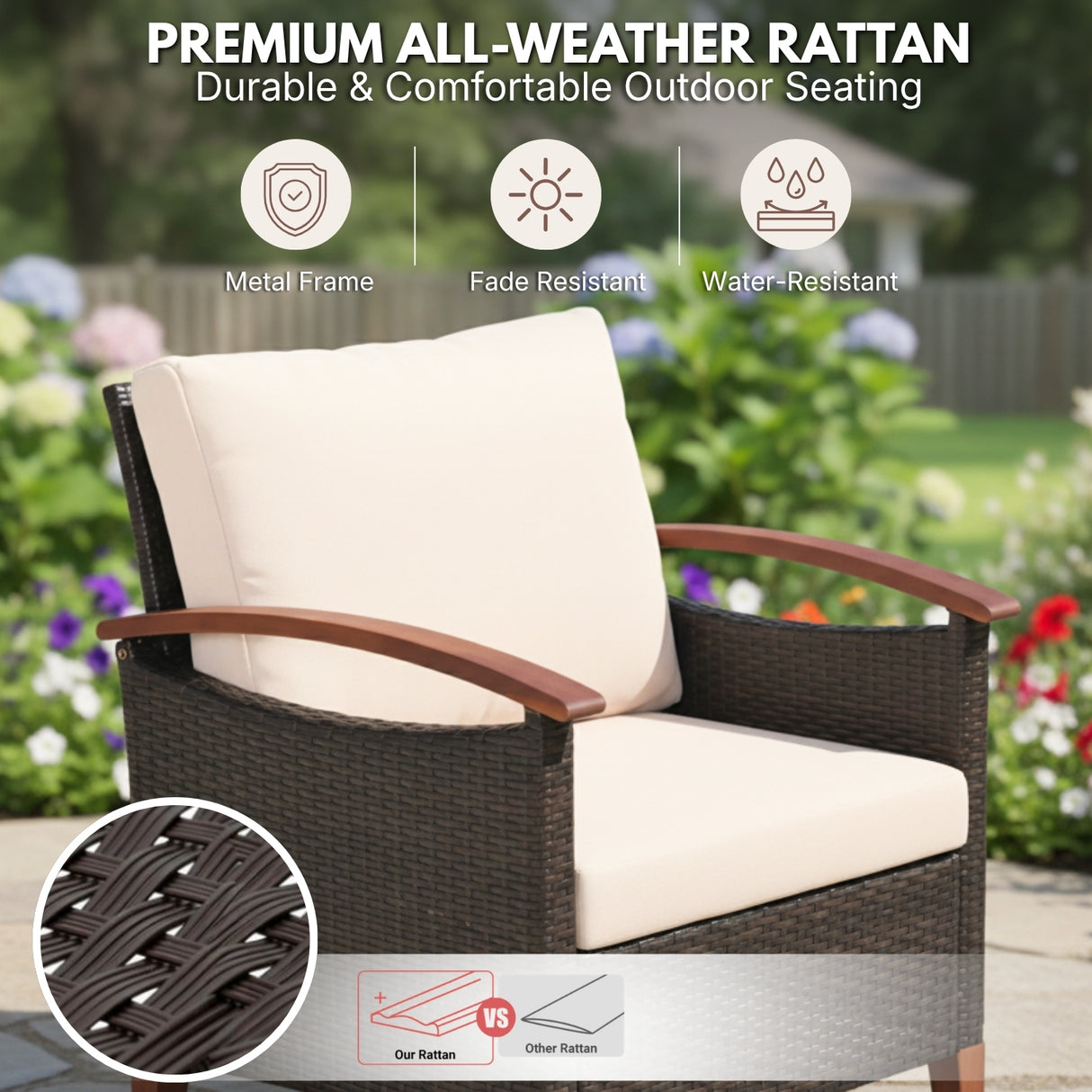 3-Piece Outdoor Wicker Patio Conversation Set (Dark Brown & Cream)
