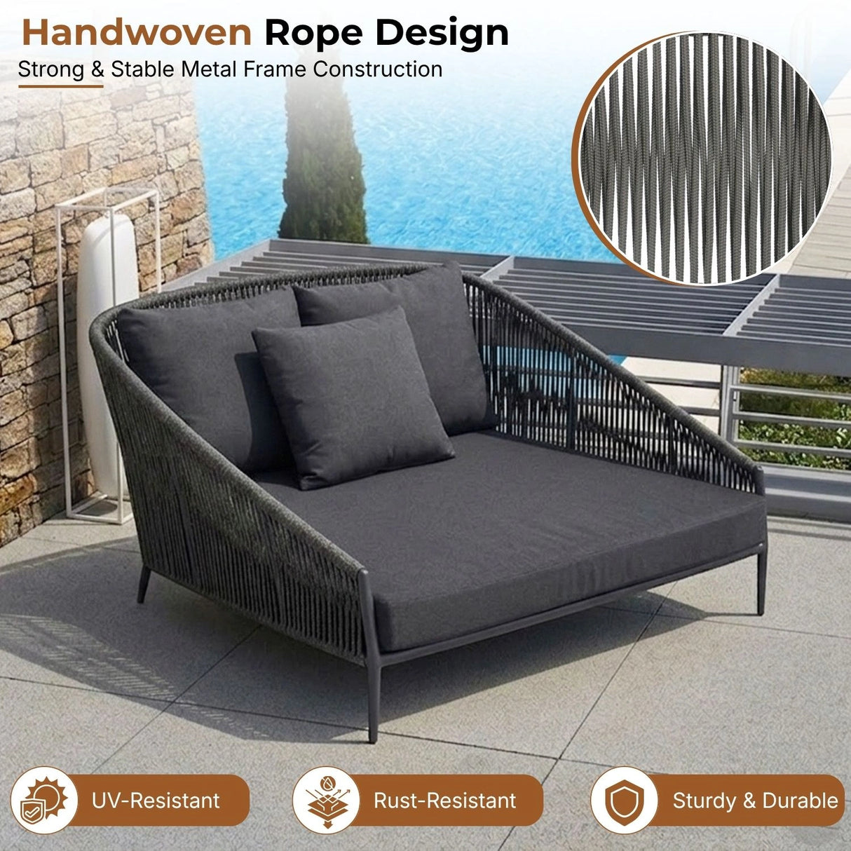 Outdoor Grey Rope Patio Daybed with Comfortable Dark Grey Cushion