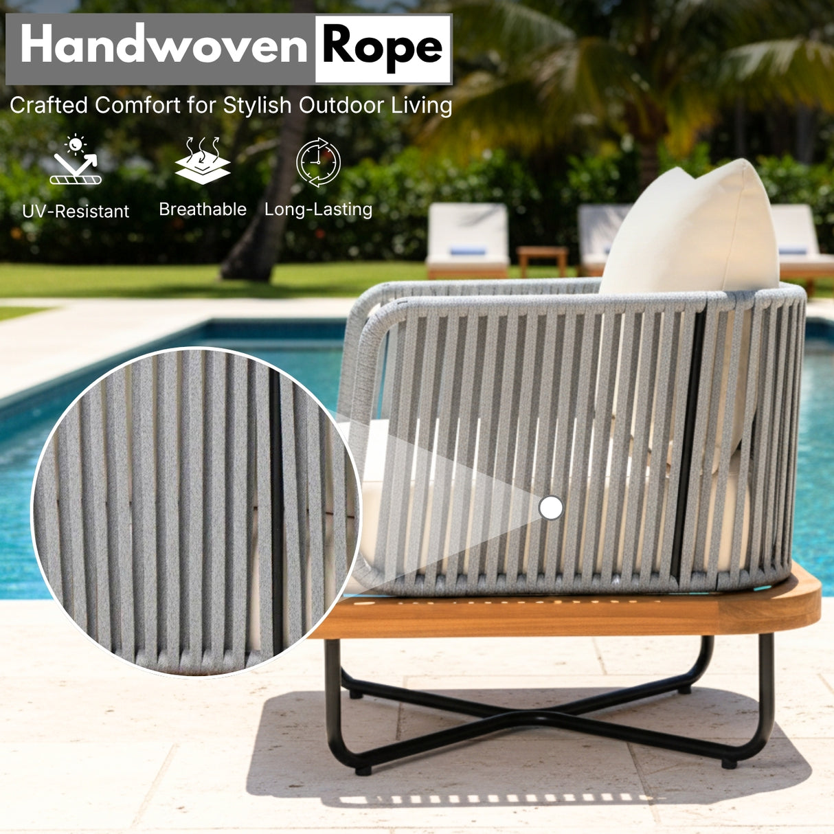 Outdoor Rope Sofa with Wooden Base (Grey & Cream)