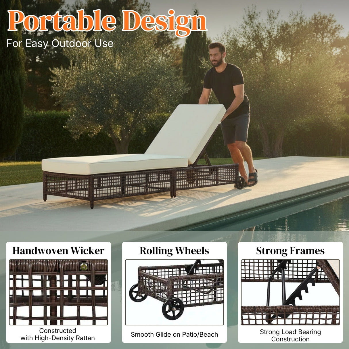 Outdoor Wicker Rattan Lounger Set of 2 with Patio Umbrella (Dark Brown & Off-White)