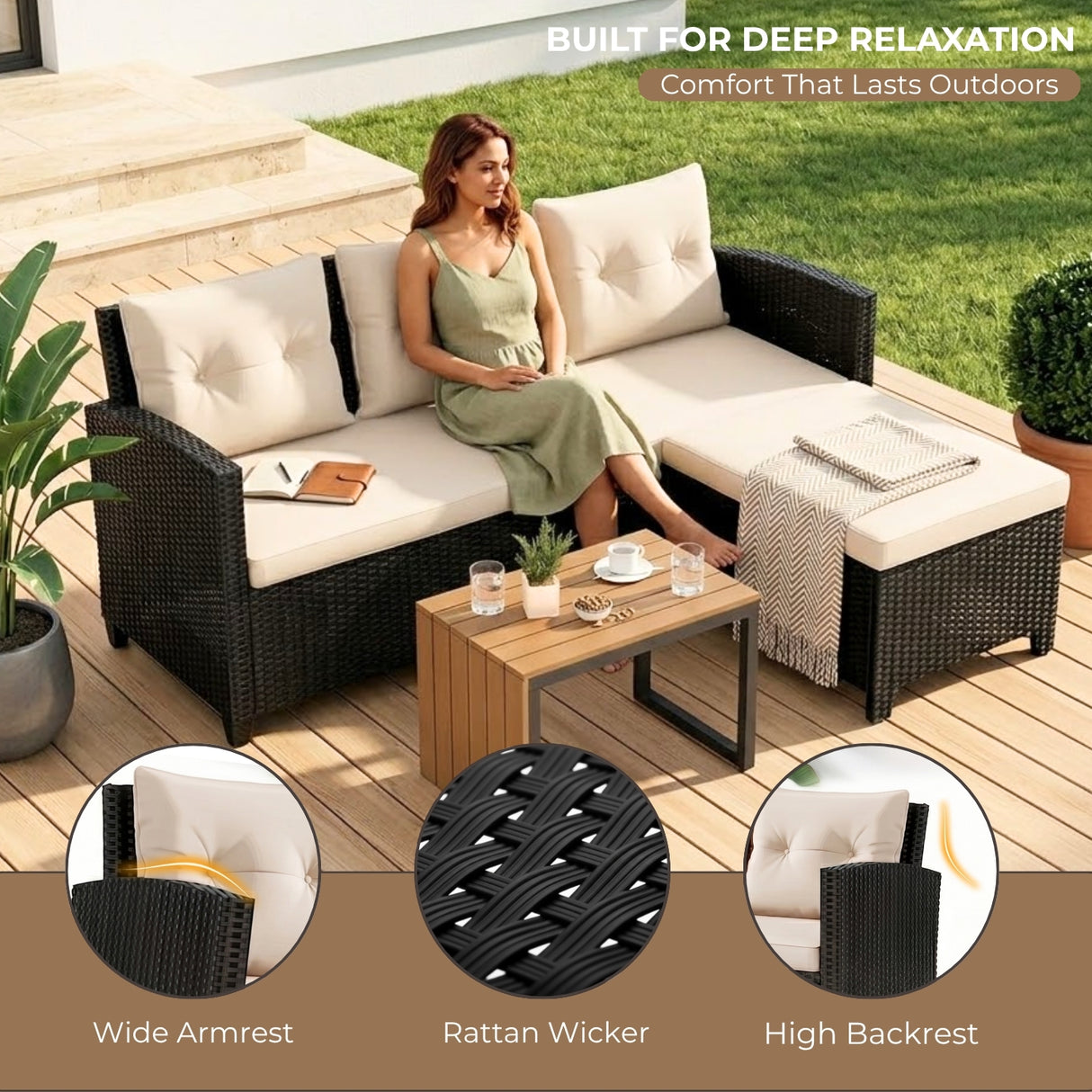 Outdoor Wicker L-Shape Sofa Set with Ottoman & Convertible Wooden Coffee Table