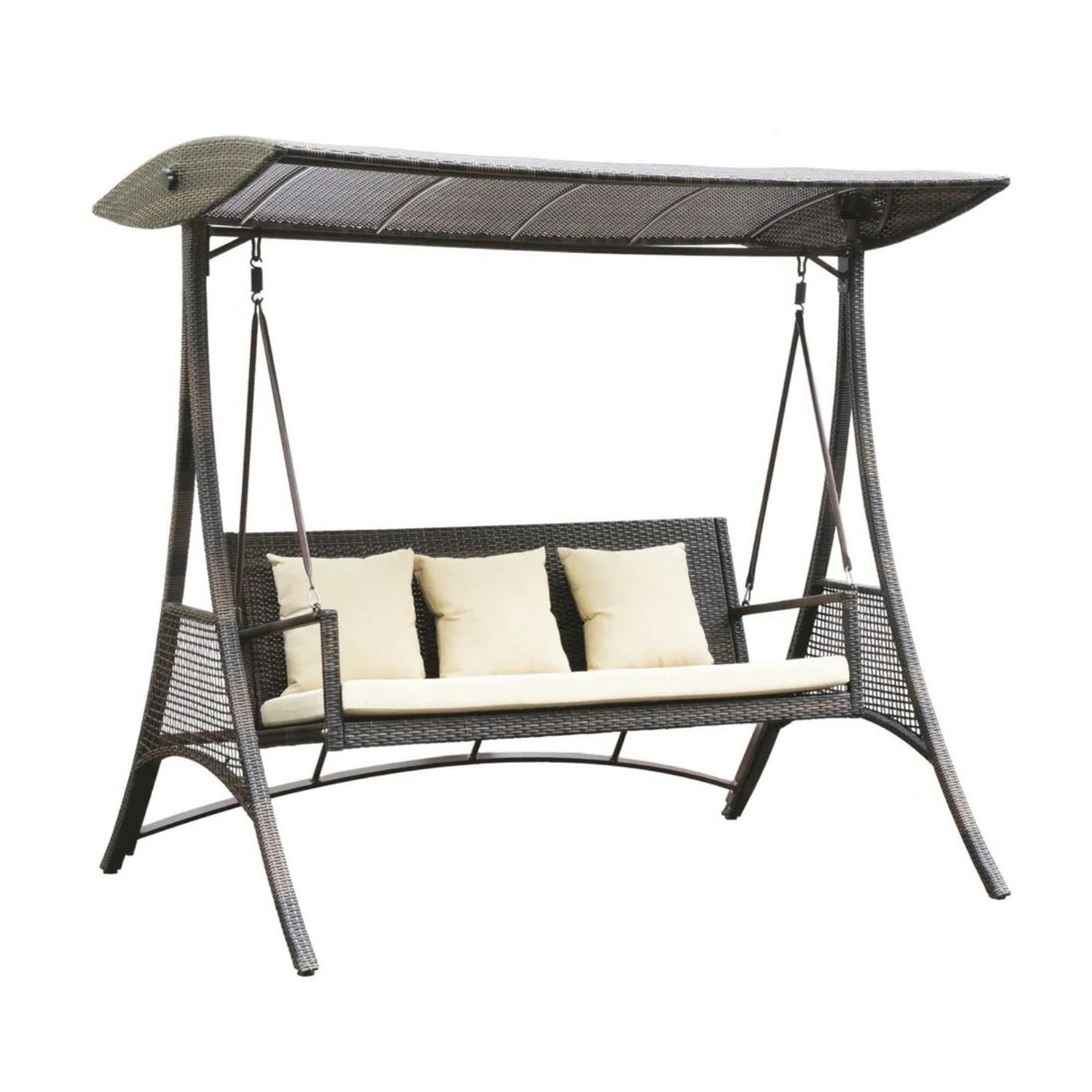 Outdoor Rattan Wicker 3-Seat Patio Swing Chair with Shade & Cushions