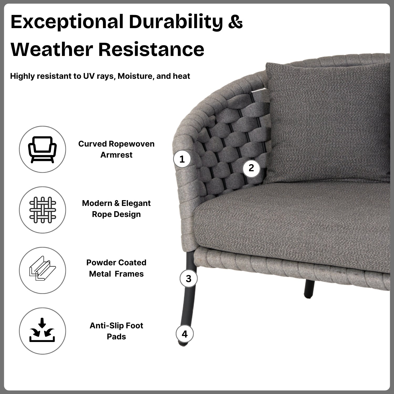 Outdoor Grey Rope 4 Piece Patio Sofa Set with Dark Grey Cushions