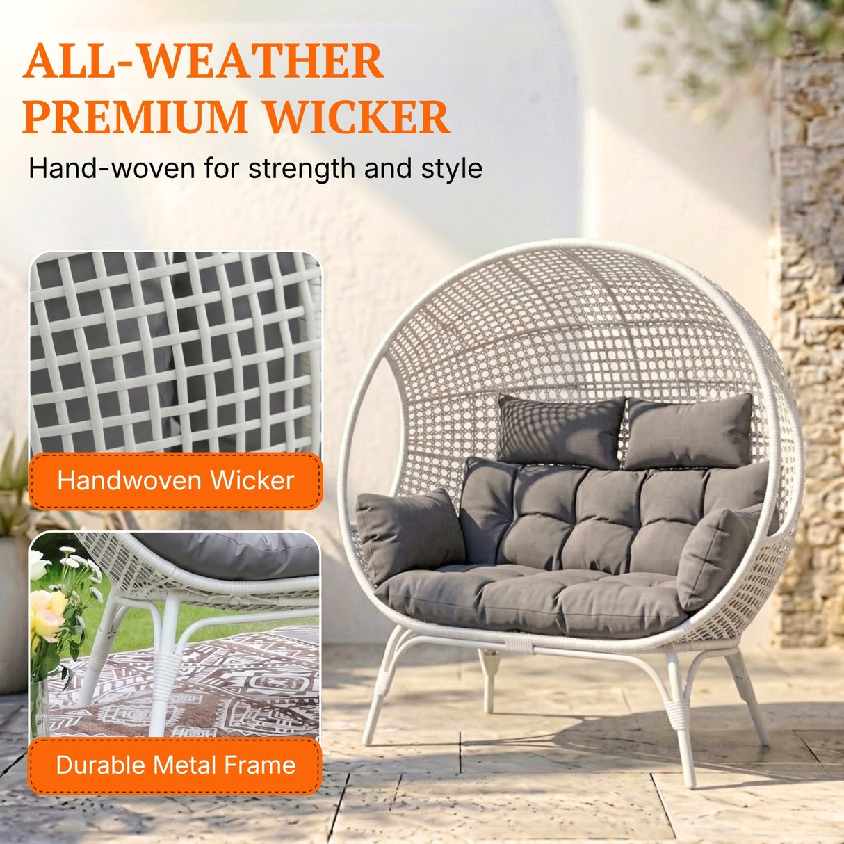 Outdoor Rattan Wicker Double Seater Egg Chair (White & Grey)