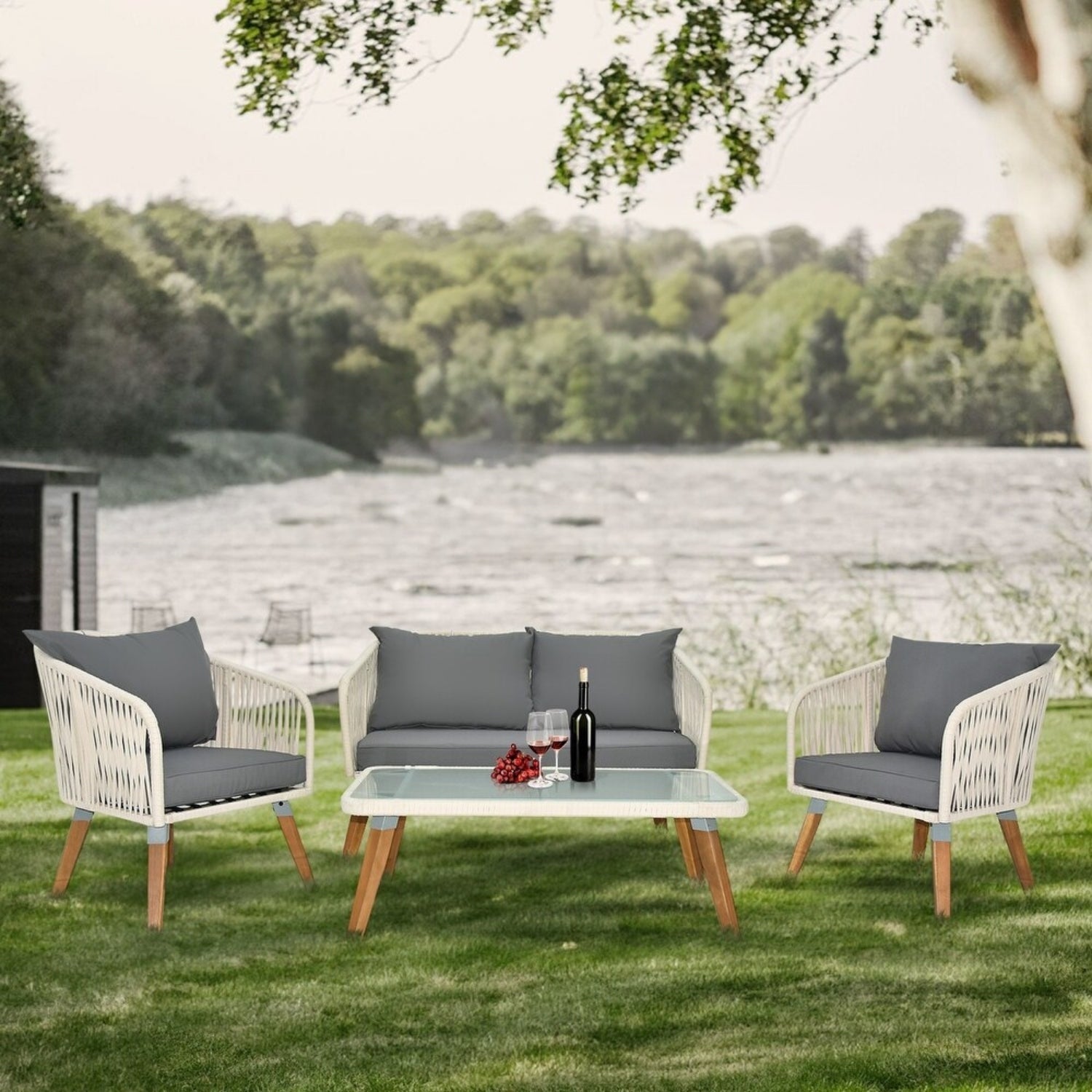 Outdoor Rope 4-Piece Sofa Set (White & Grey)