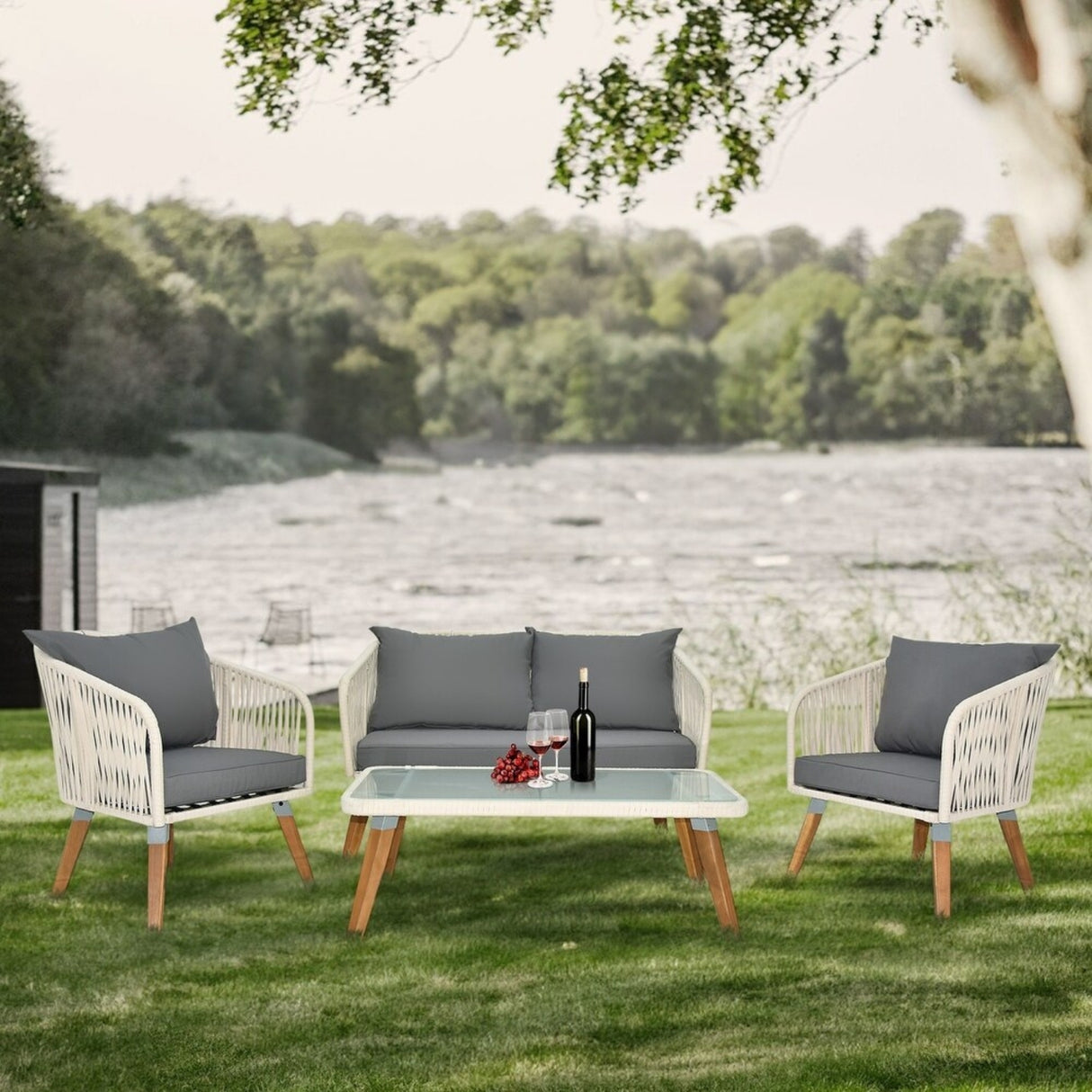 Outdoor Rope 4-Piece Sofa Set (White & Grey)