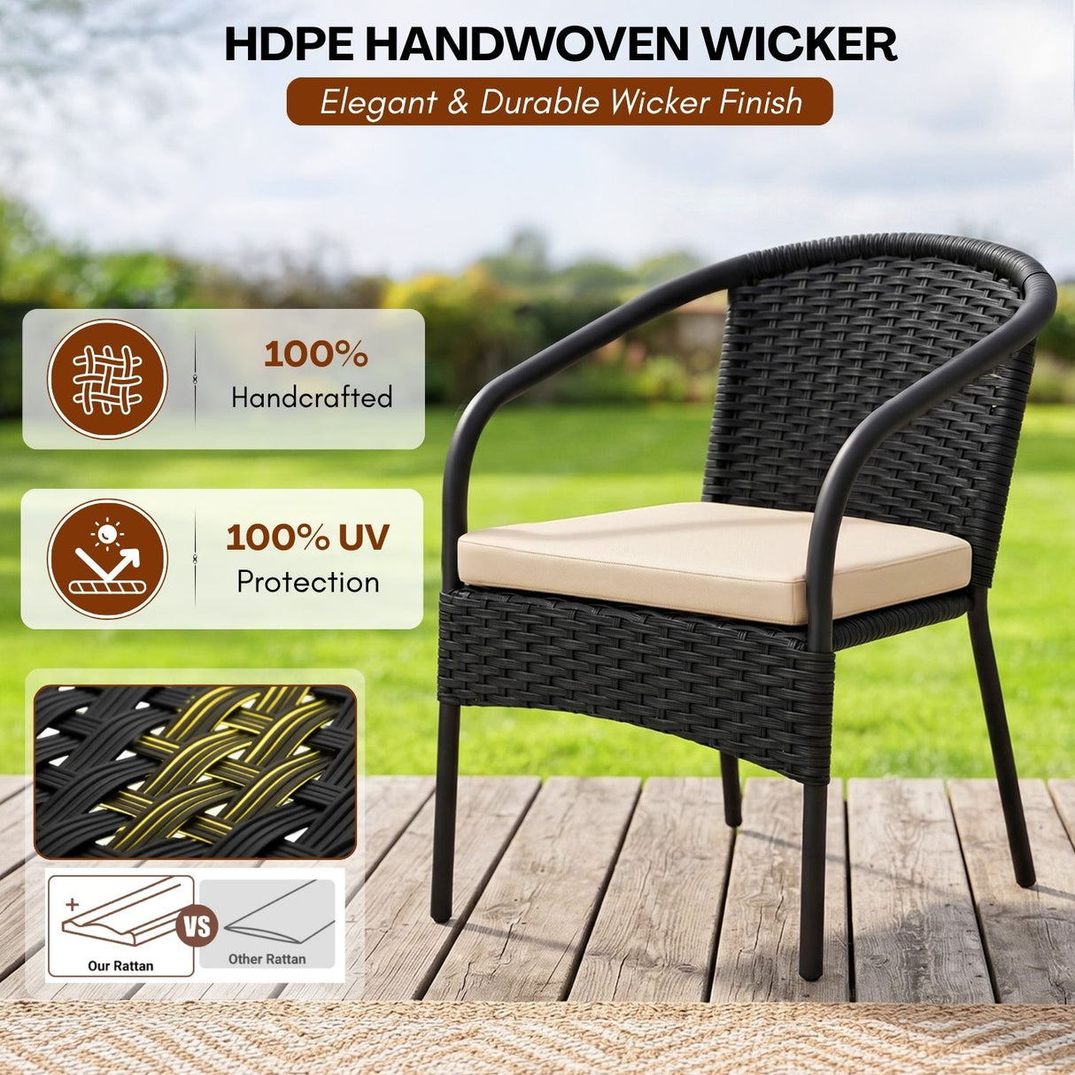 3 Piece Outdoor Wicker Patio Furniture Set (Black & Cream)