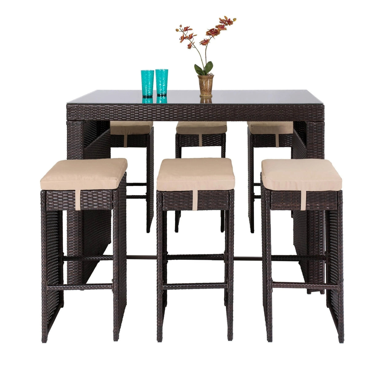 7-Piece Outdoor Rattan Wicker Bar Set with Glass Top Table