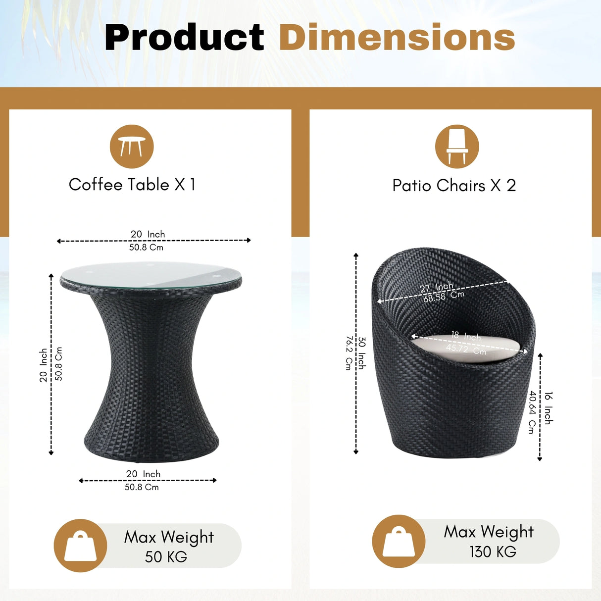 Outdoor Rattan Wicker 3-Piece Conversation Set