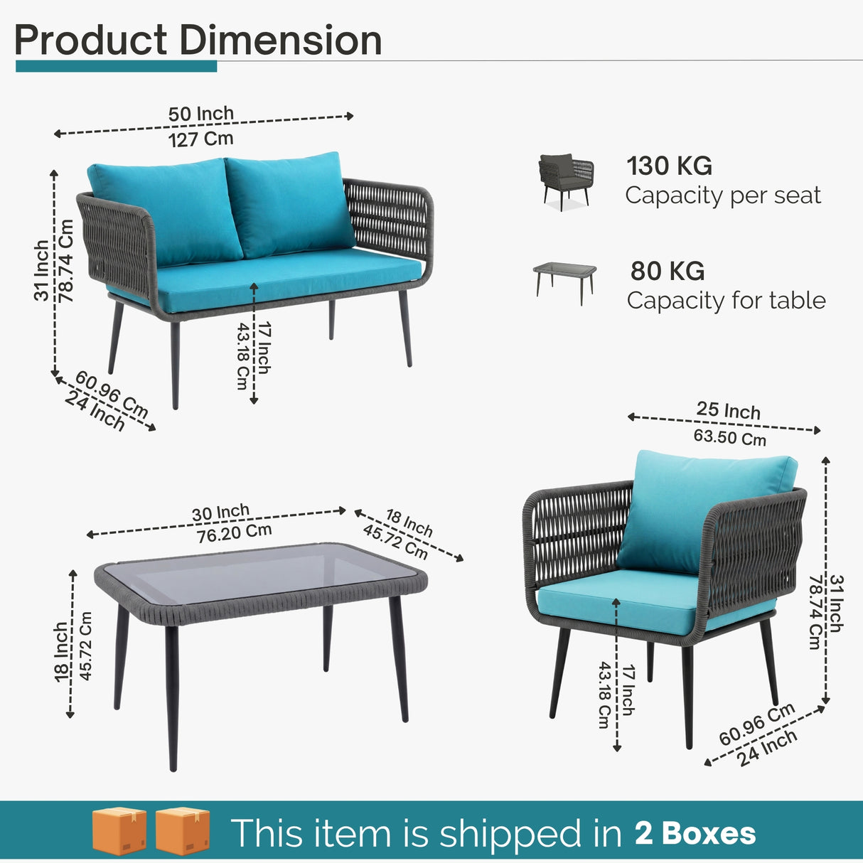Outdoor Rope 4 Seater Conversation Furniture Set (Grey & Sky-Blue)