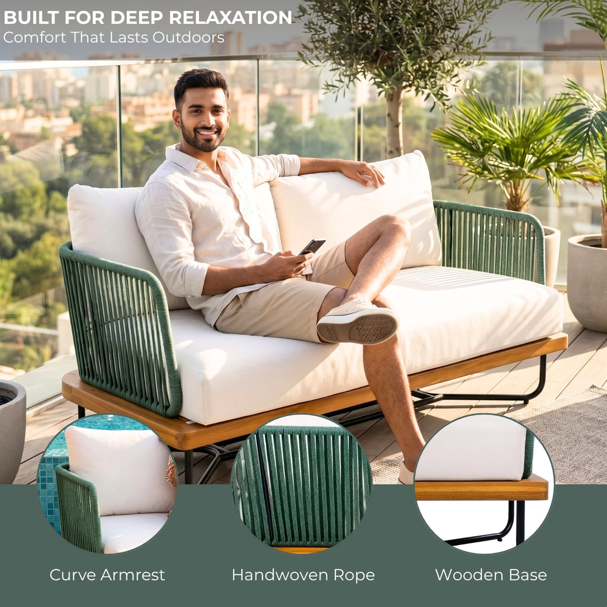 Outdoor Rope 2-Seater Sofa Set with Wooden Base & Slatted Wooden Coffee Table