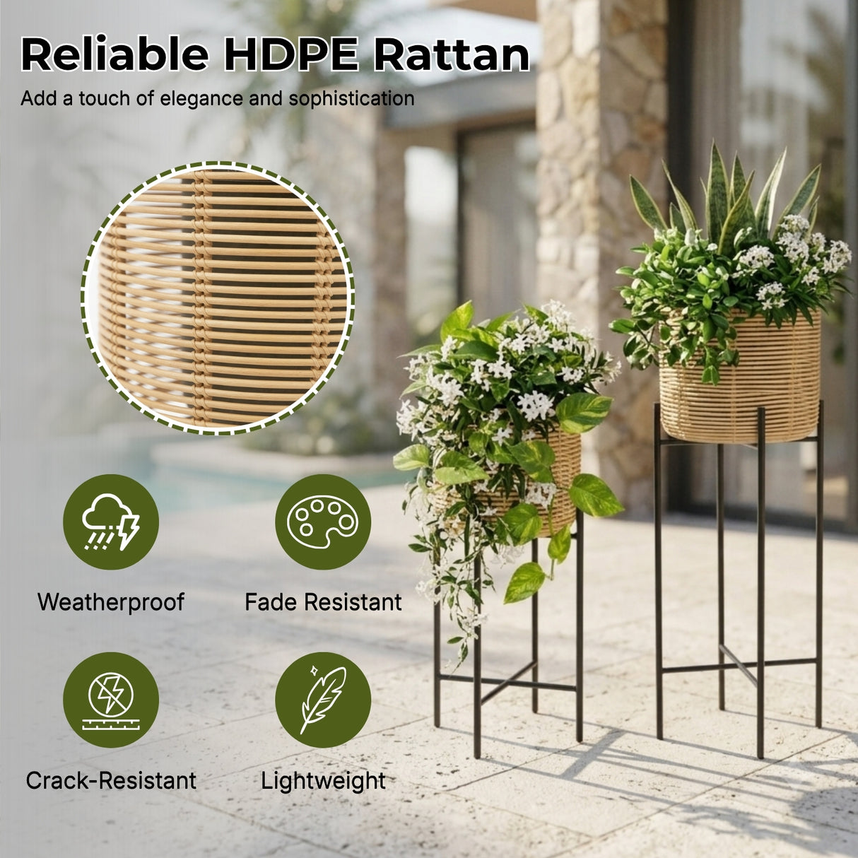 Outdoor Wicker Set of 4 Planters with Metal Stands