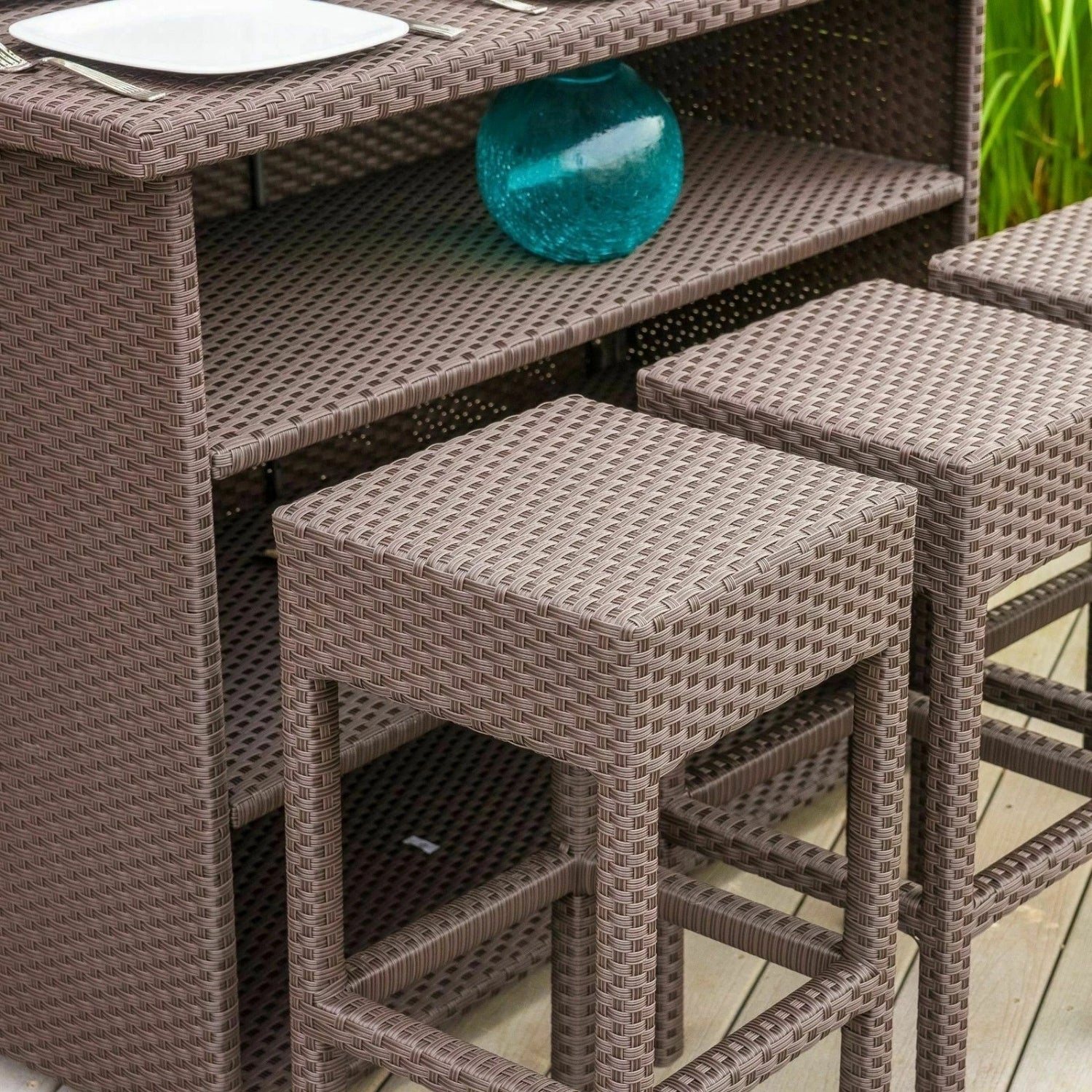 7-Piece Outdoor Rattan Wicker Bar Set with Wicker Top Table