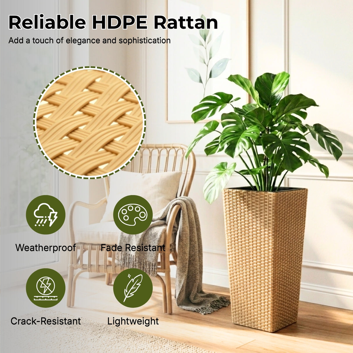 2-Piece Outdoor Rattan Wicker Tall Square Planters (Beige)