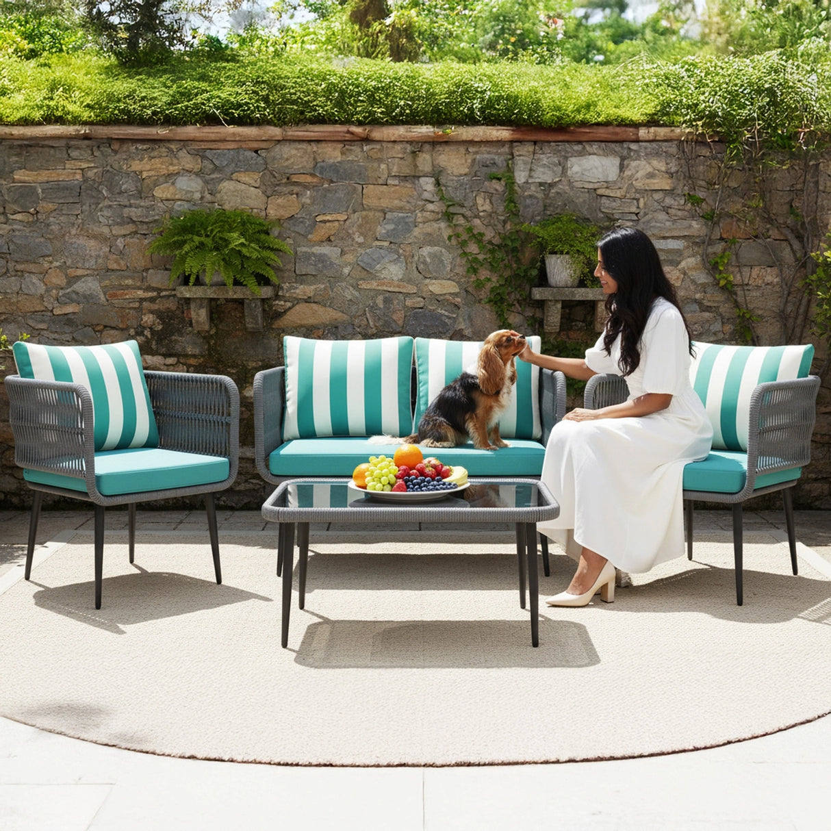 Outdoor 4-Seater Rope Conversation Set (Grey & Blue Hosta)