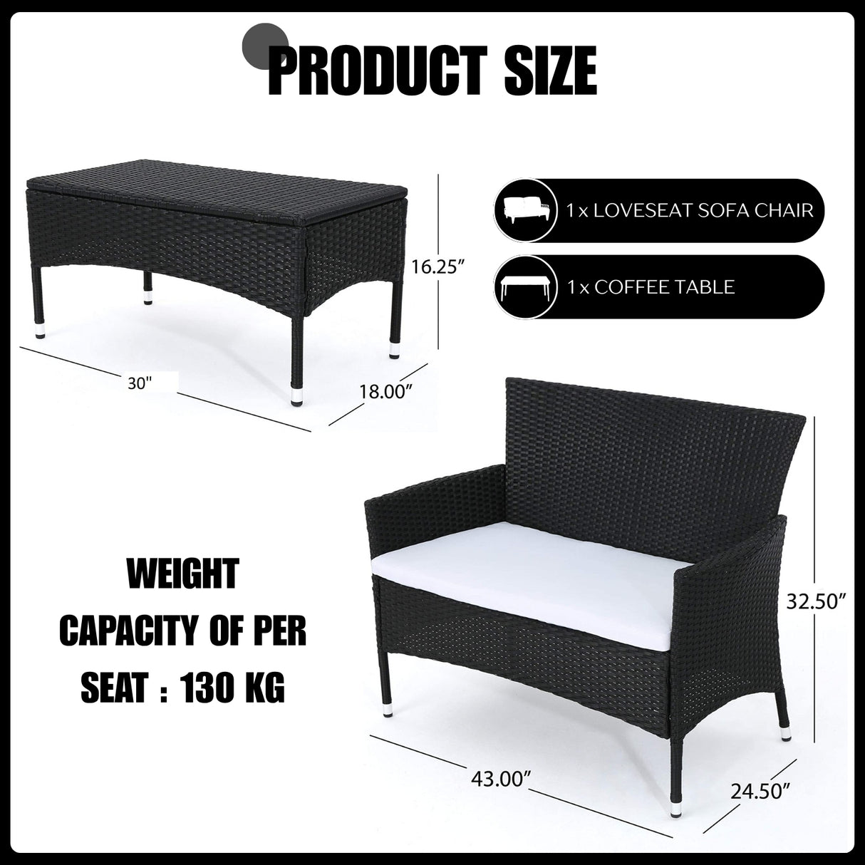 2-Piece Outdoor Rattan Wicker Loveseat Sofa