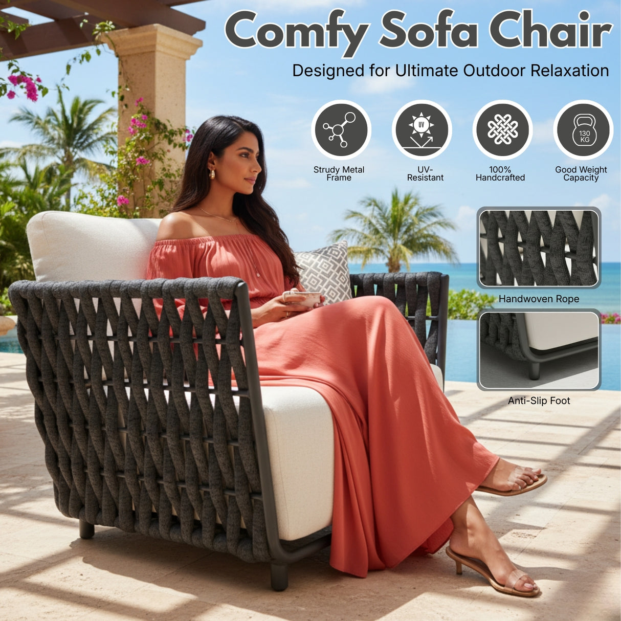 Outdoor Rope 3-Piece Patio Sofa Set (Grey & Off-White)
