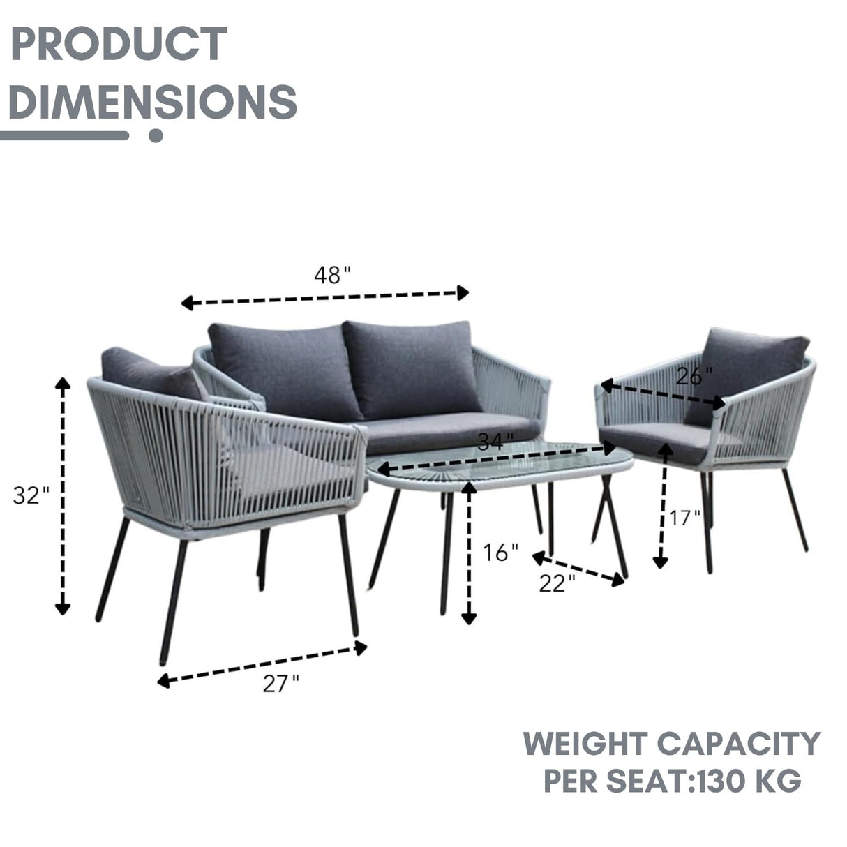 Outdoor 4 Seater Rope Conversation Sofa Set