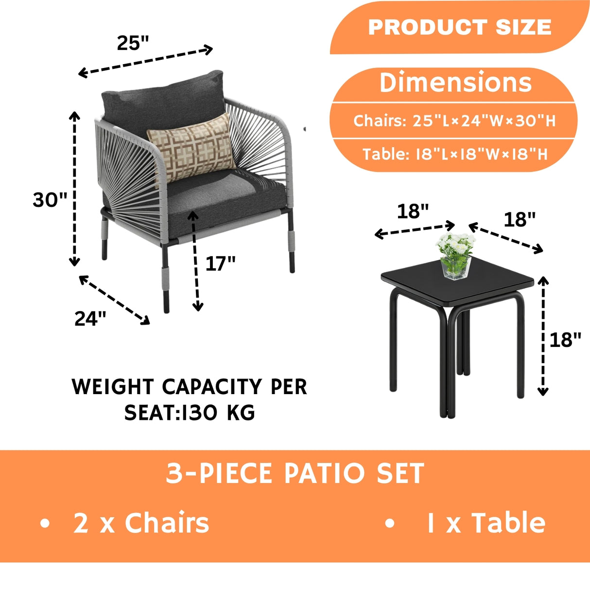 3 Piece Garden Outdoor Rope Patio Set