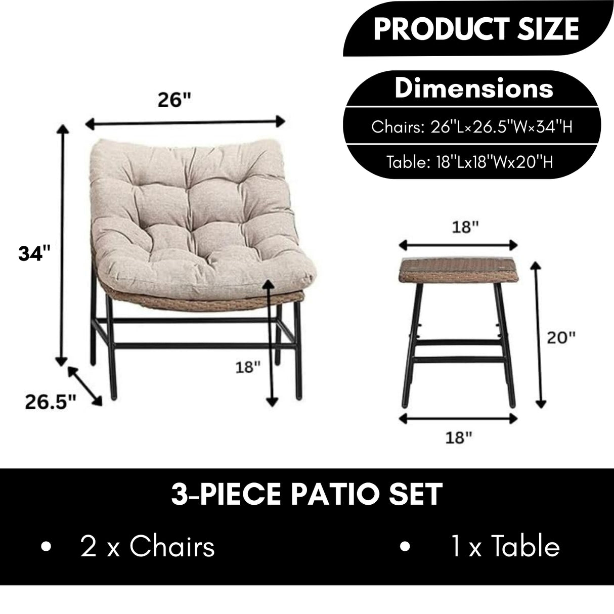 3 Piece Garden Outdoor Patio Furniture Set