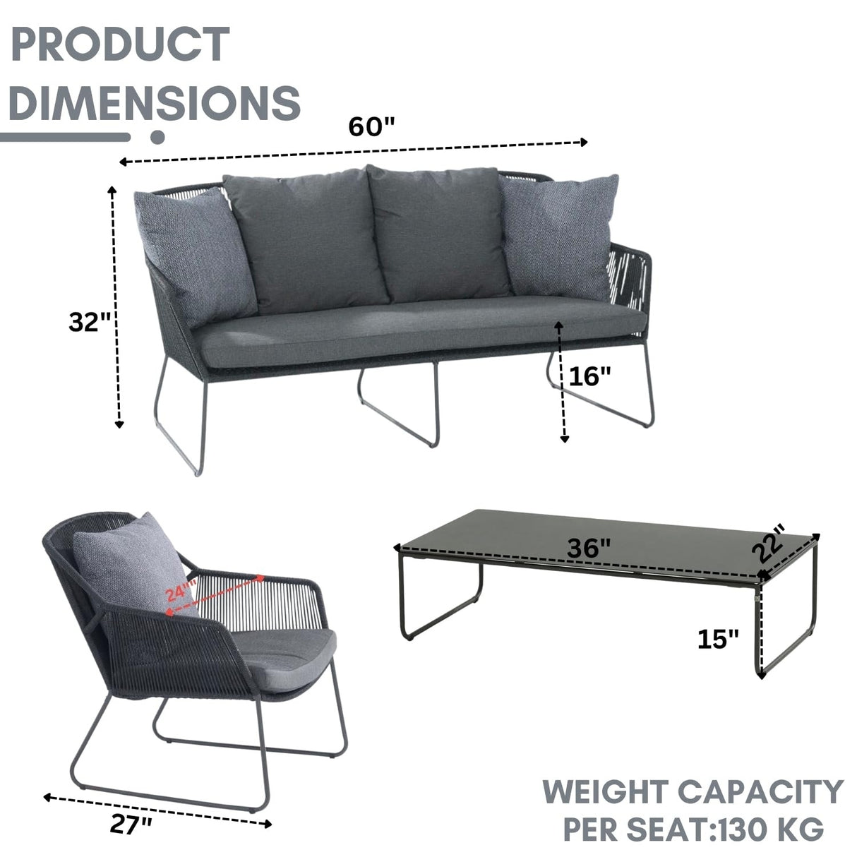 4 Piece Outdoor All-Weather Rope Sofa Set
