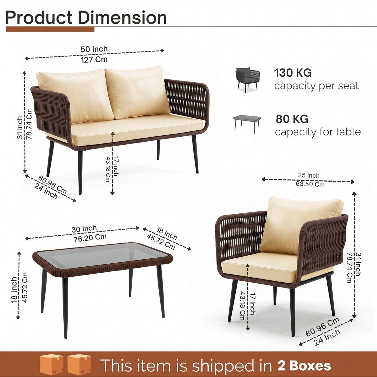 Outdoor Rope 4 Seater Conversation Furniture Set (Brown & Cream)
