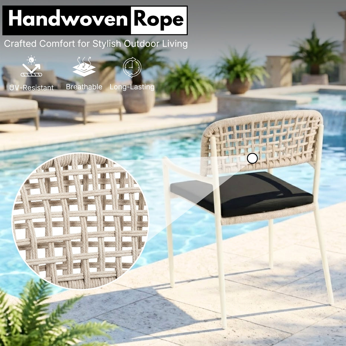 Outdoor Rope Dining Chair with Cushion (Platinum & Black)