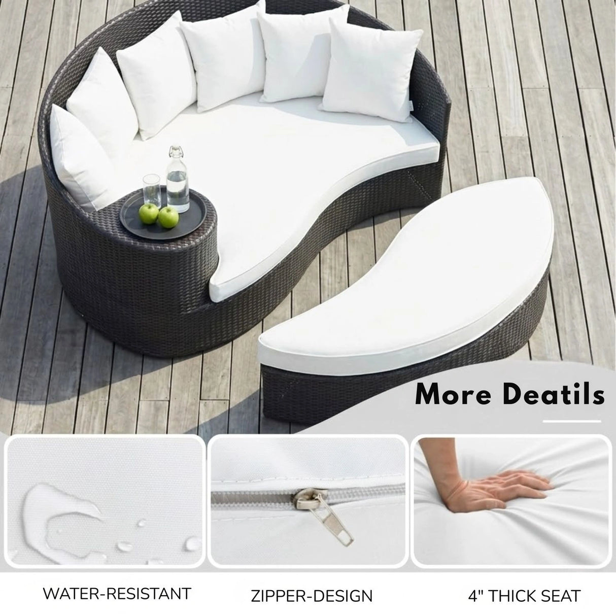 Outdoor Rattan Wicker Daybed (Dark Brown & White)