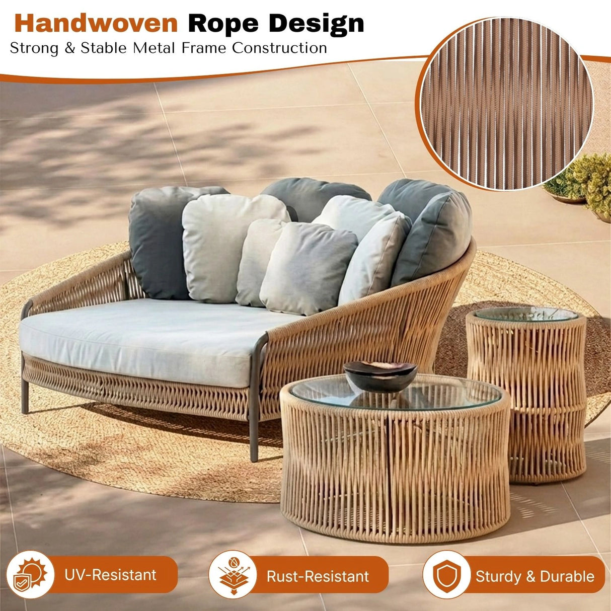 Outdoor Patio Rope Daybed With Center and Side Tables