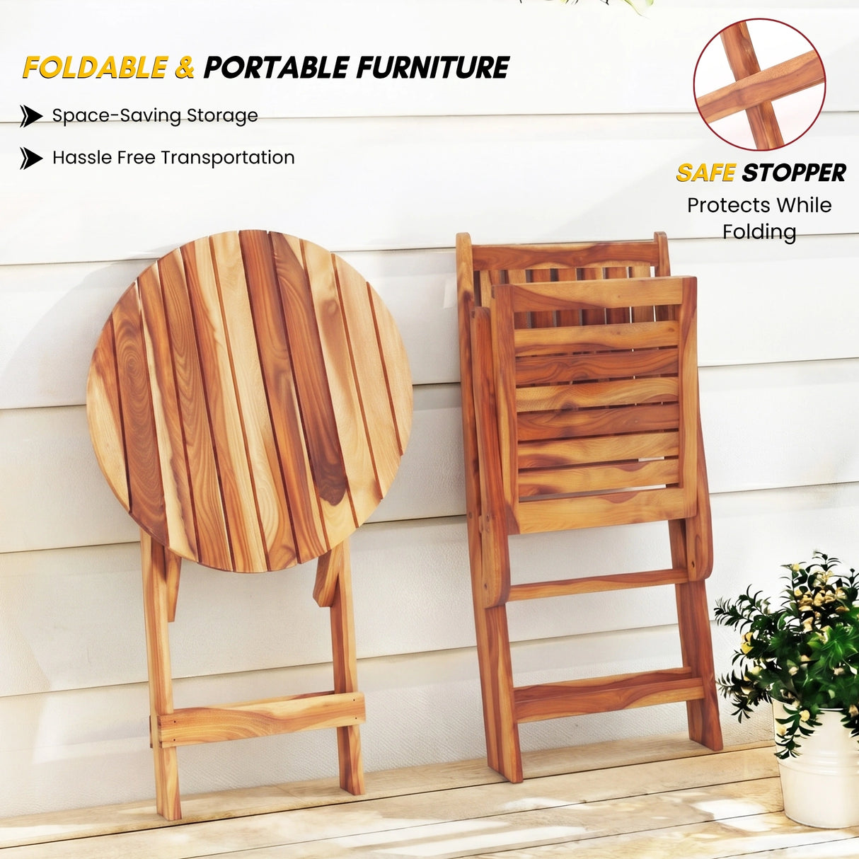 Acacia Wood Foldable Outdoor Bistro Set – 2 Chairs & Round Table