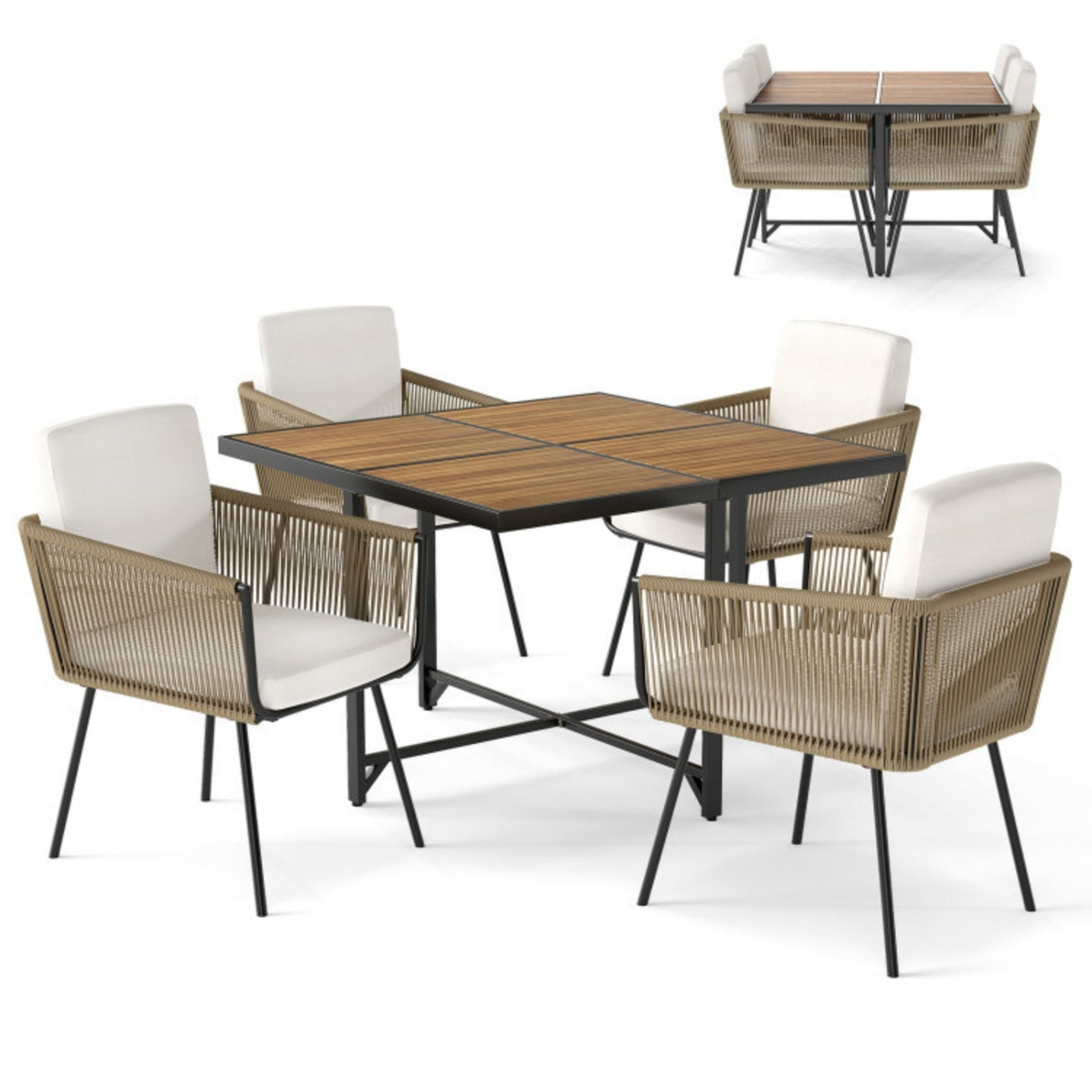 5-Piece Outdoor Patio Dining Set with Square Wood Tabletop