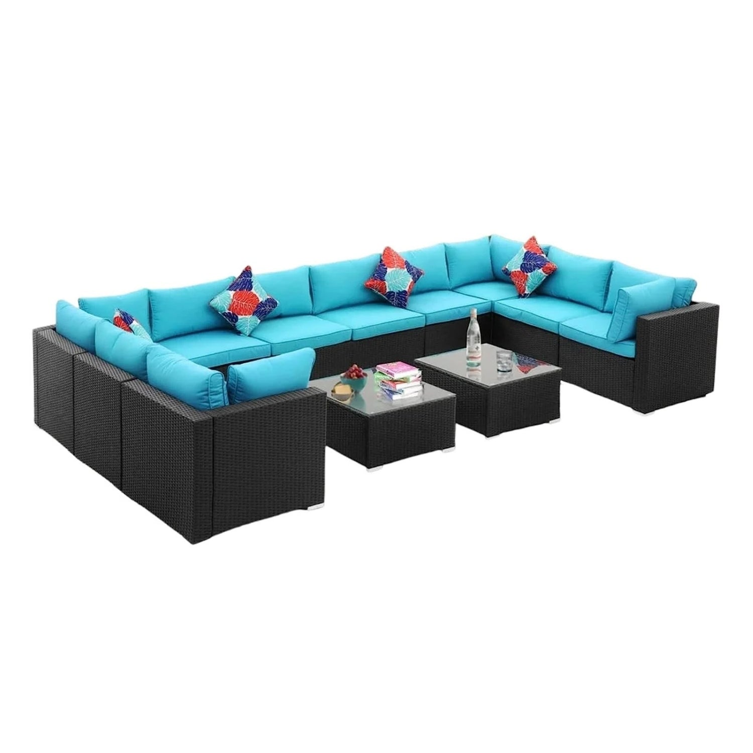 6-Piece Outdoor Wicker Sofa Set (Black/Sky-Blue)