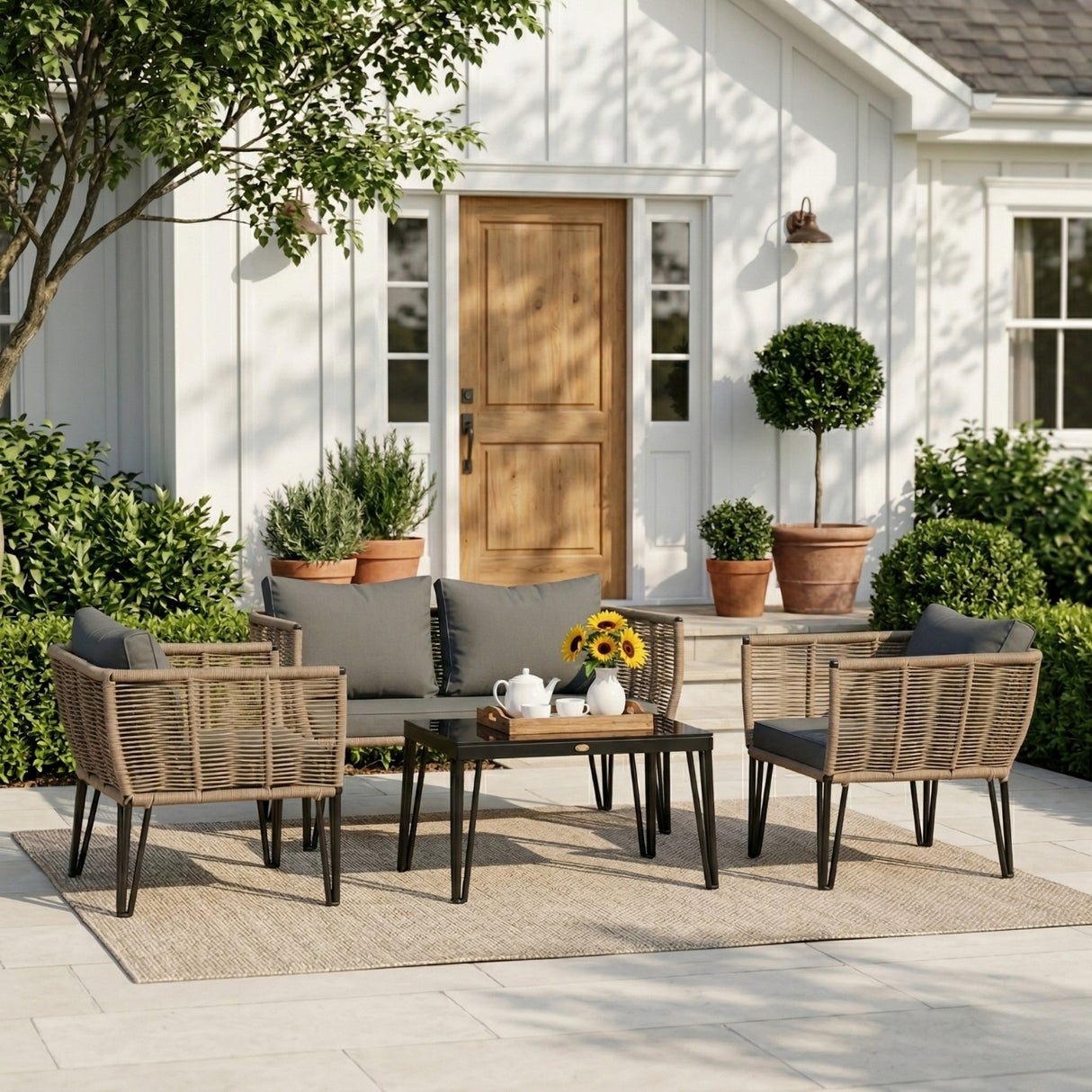Outdoor Rope 4-Piece Patio Sofa Set with Glass Top Table (Beige & Dark Grey)