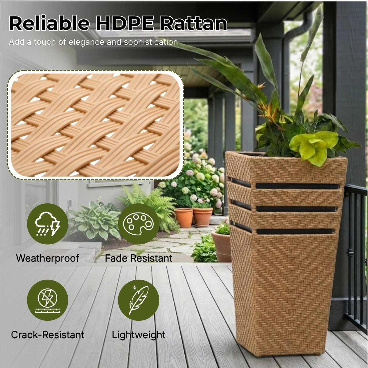 Outdoor Tall Square Rattan Planter Set of 2 (Beige)