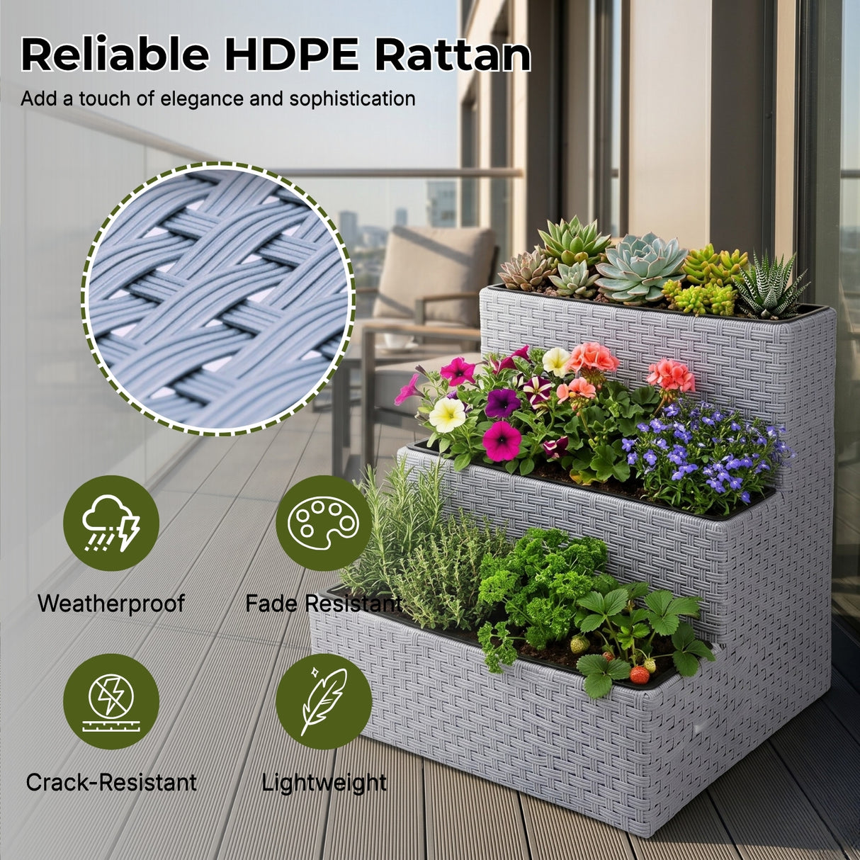 Outdoor 3-Tier Wicker Raised Planter Stand (Silver Grey)