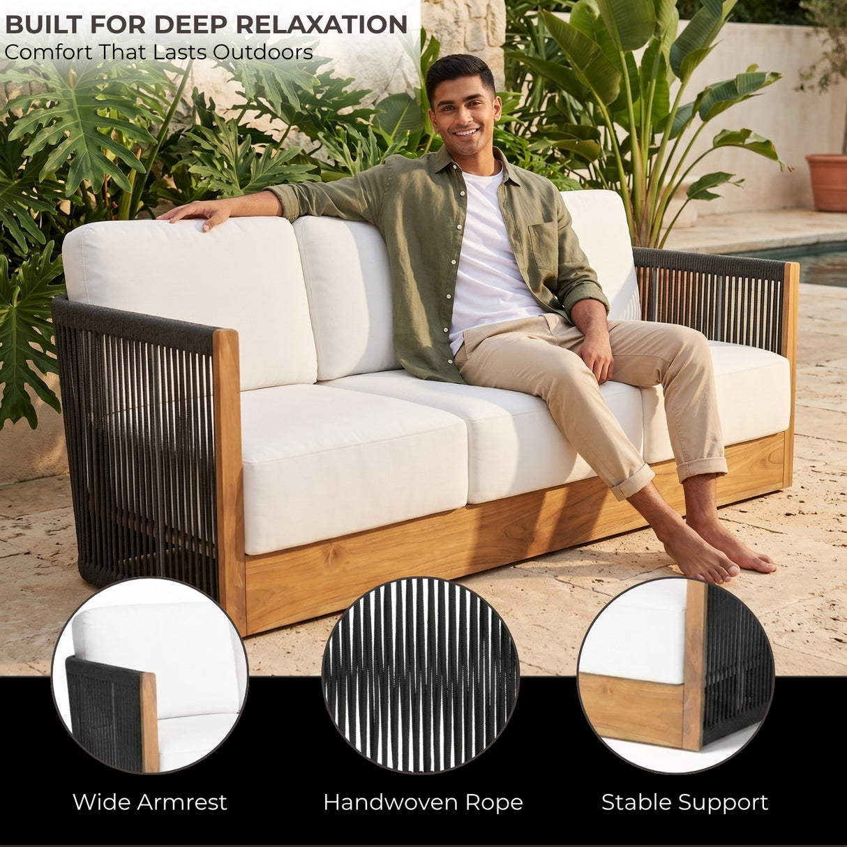Outdoor Teak Wood Rope 3 Seater Sofa Set with 2-Tier Center Table
