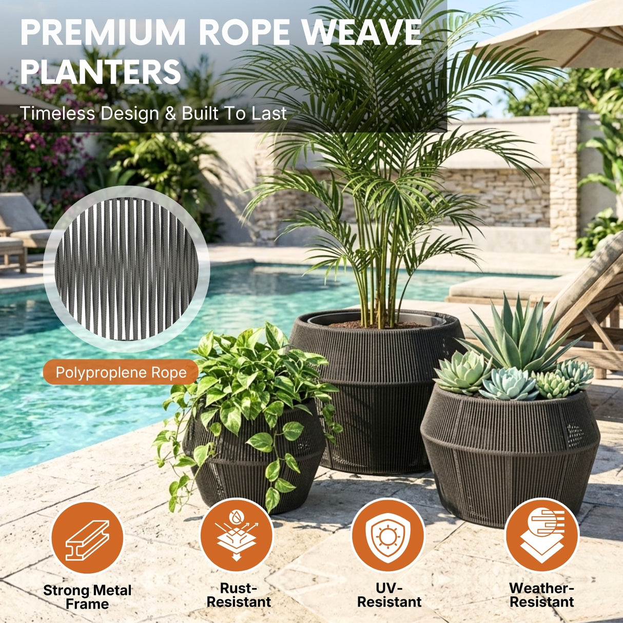 Outdoor 3-Piece Round Rope Planters (Grey)