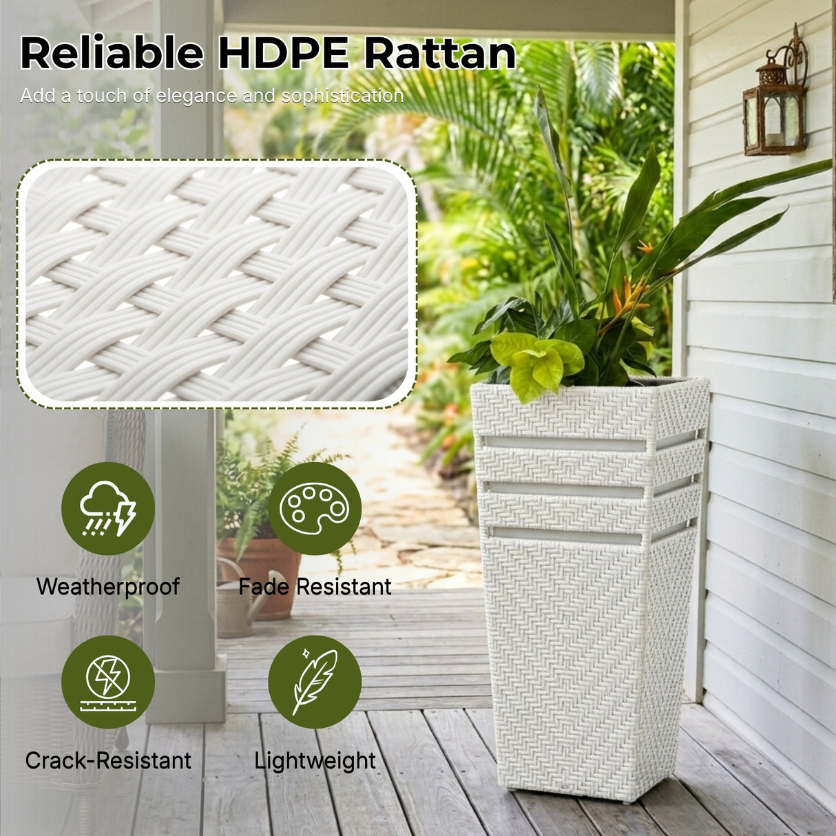 Outdoor Tall Square Rattan Planter Set of 2 (White)