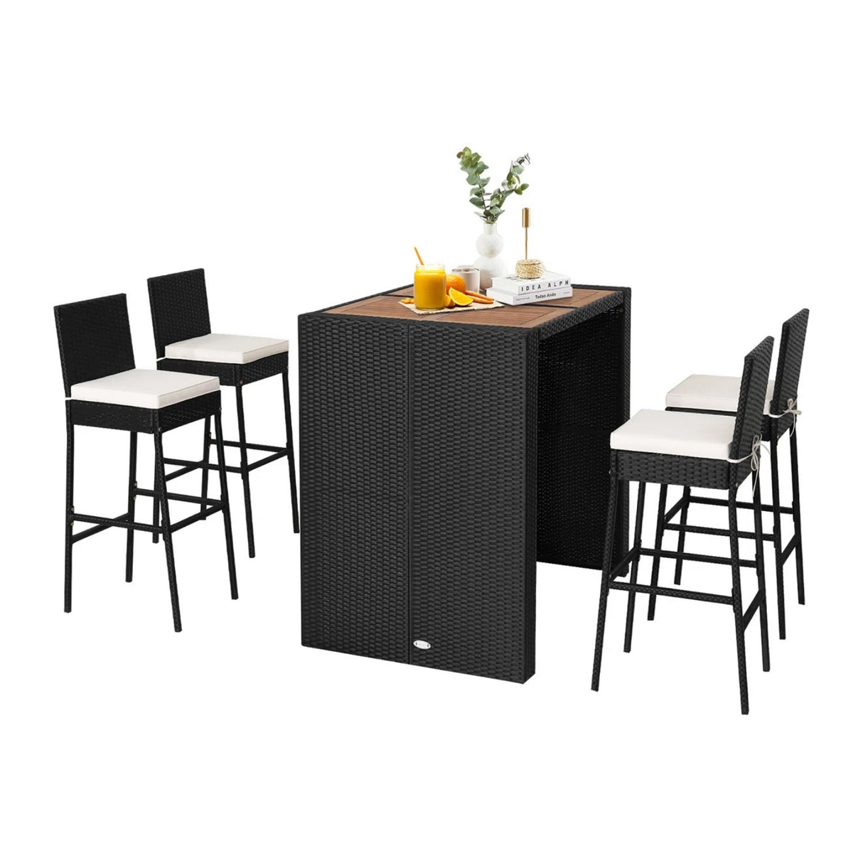 5-Piece Outdoor Rattan Wicker Bar Set with Wooden Top Table