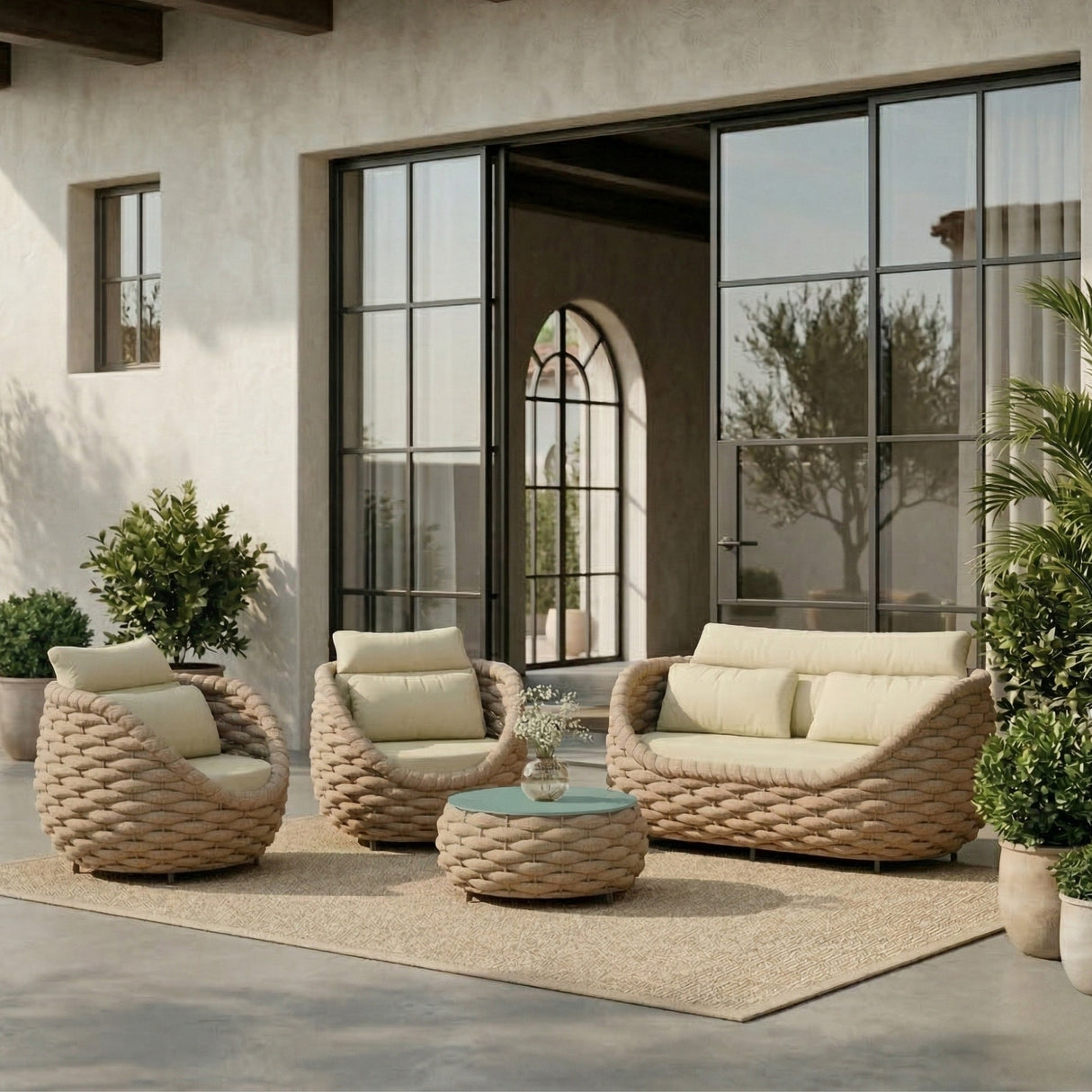4 Piece Outdoor Rope Sofa Set (Beige & Cream)