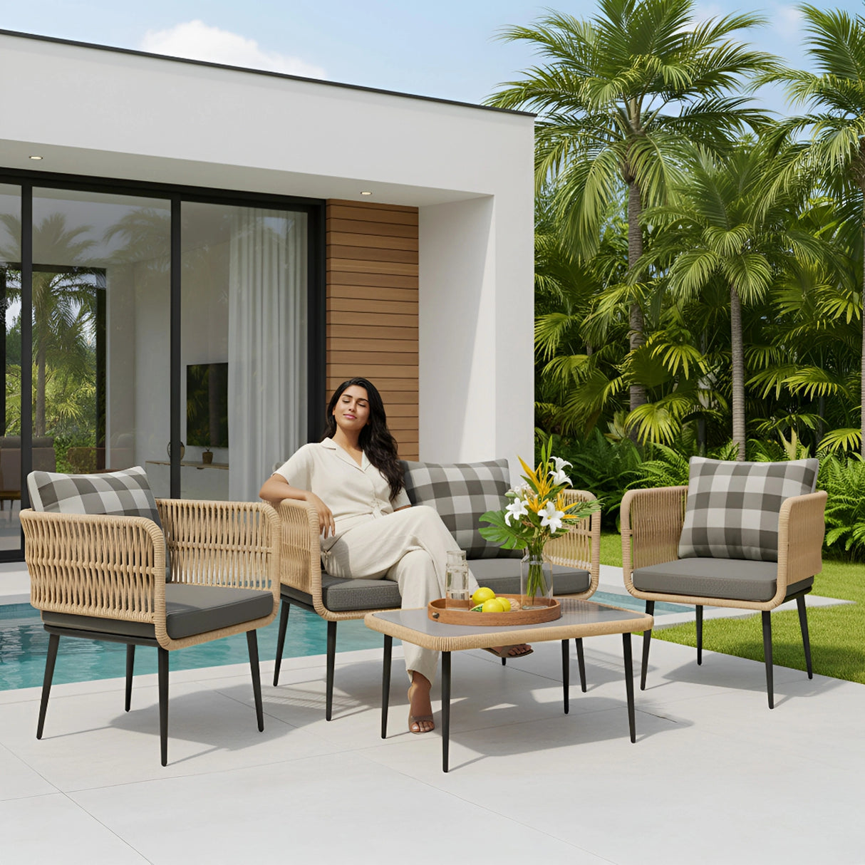 Outdoor 4-Seater Rope Conversation Set (Beige & Dark Grey)