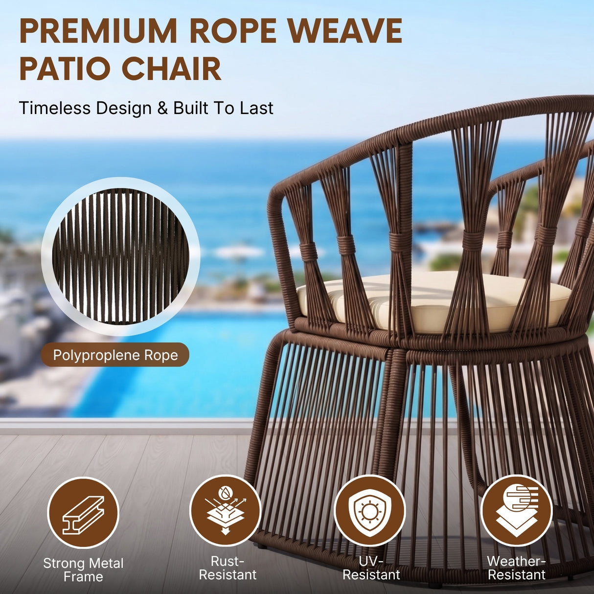 Outdoor Rope 3-Piece Patio Set (Brown & Cream)