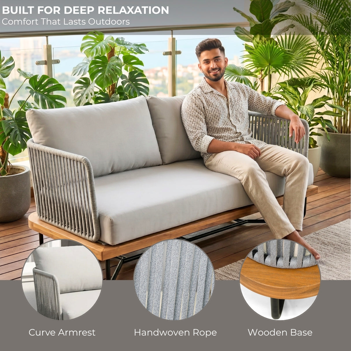Outdoor Rope 2-Seater Sofa Set with Wooden Base & Slatted Wooden Coffee Table