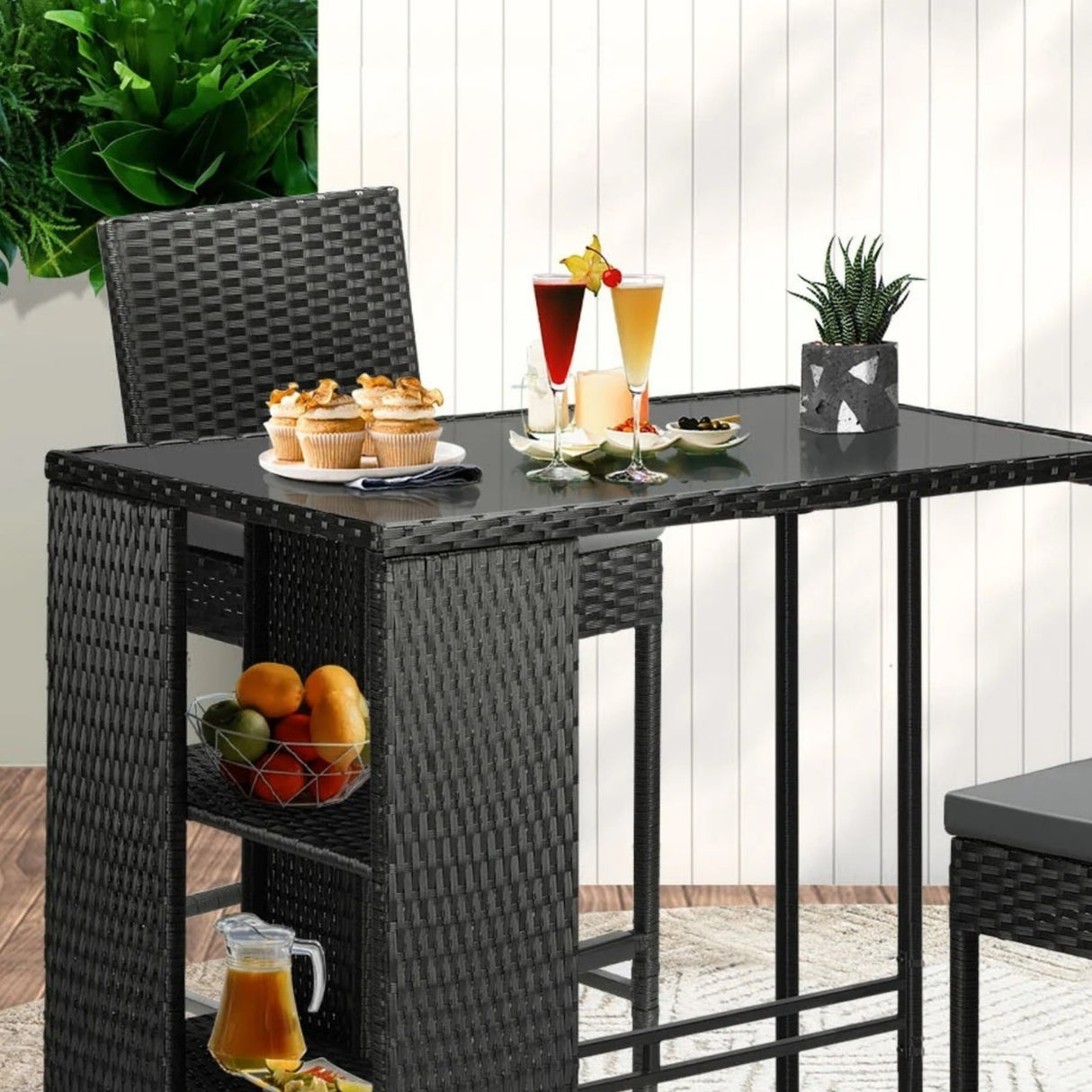 3-Piece Outdoor Rattan Wicker Bar Set with Glass Top Table
