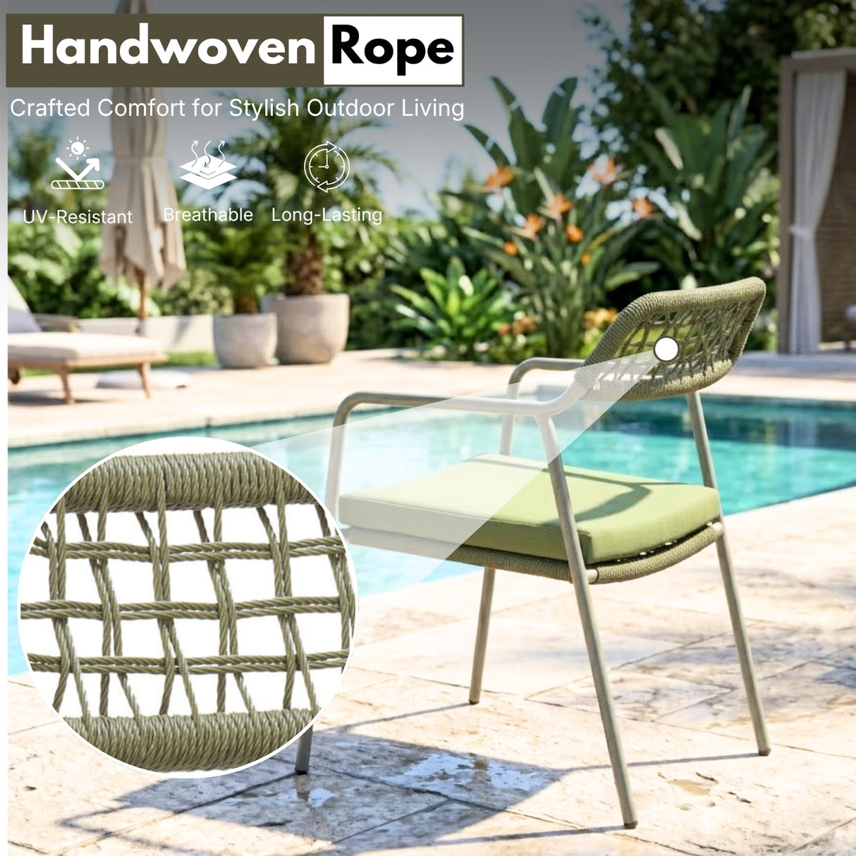 Outdoor Rope Dining Chair with Cushion (Green)