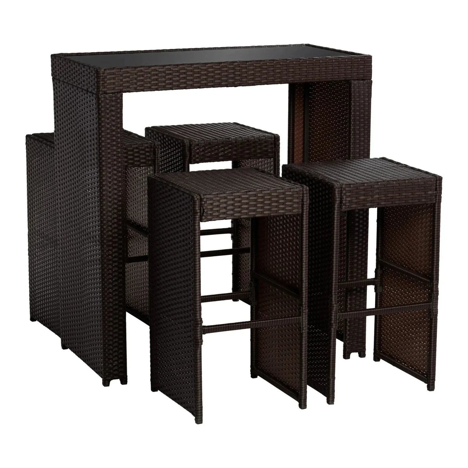 5-Piece Outdoor Rattan Wicker Bar Set with Glass Top Table