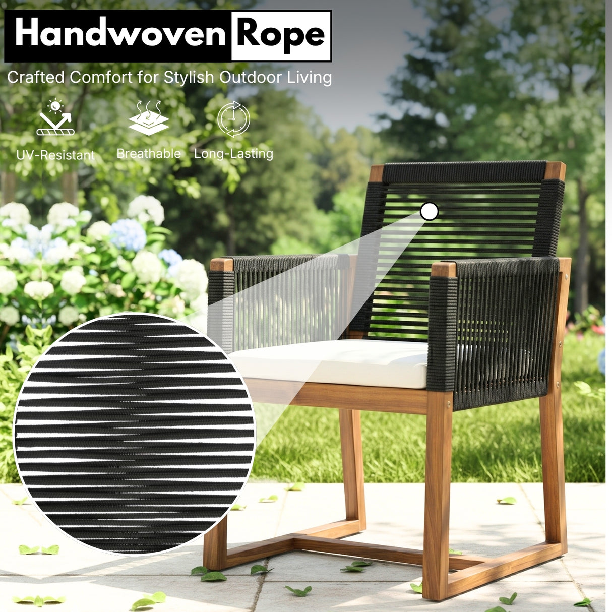 Modern Outdoor Rope Dining Chairs Set of 2 (Black & White)