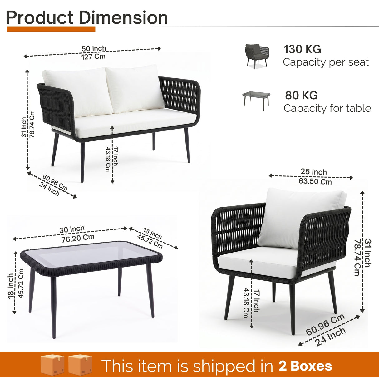 Outdoor Rope 4 Seater Conversation Furniture Set (Black & White)